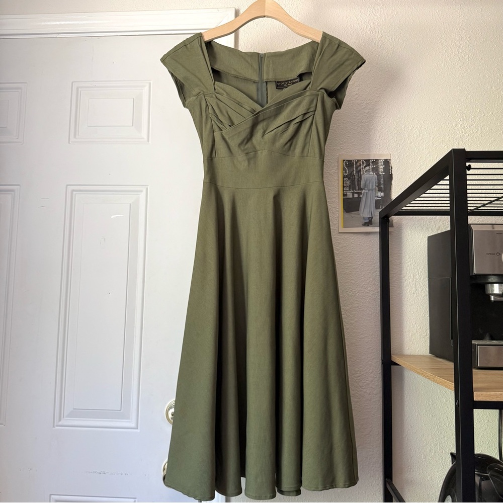 STOP STARING! Olive army green sweetheart neck short sleeve mod retro pinup midi